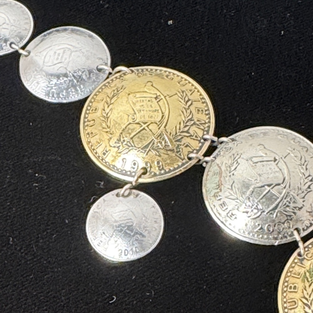 VINTAGE Republic of Guatemala Handcrafted Silver Gold Coin Necklace 90s Eclectic - Picture 4 of 14